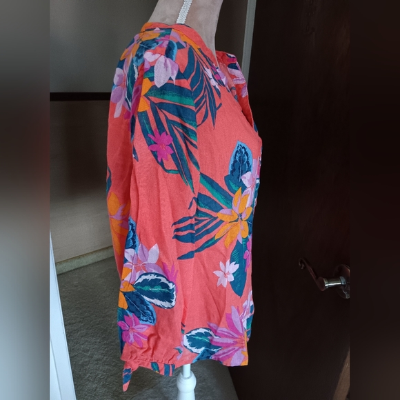 Old Navy~Relaxed Tie Cuff Linen Blend Tropical Orange Blouse - Picture 12 of 15